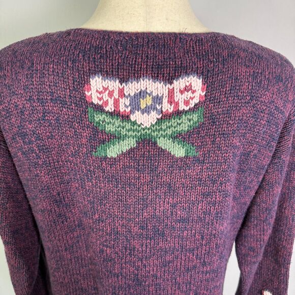 Vintage Maurices Sweater, Size Med, Hand Knitted, Purple & Pink Floral Pattern - Picture 7 of 12